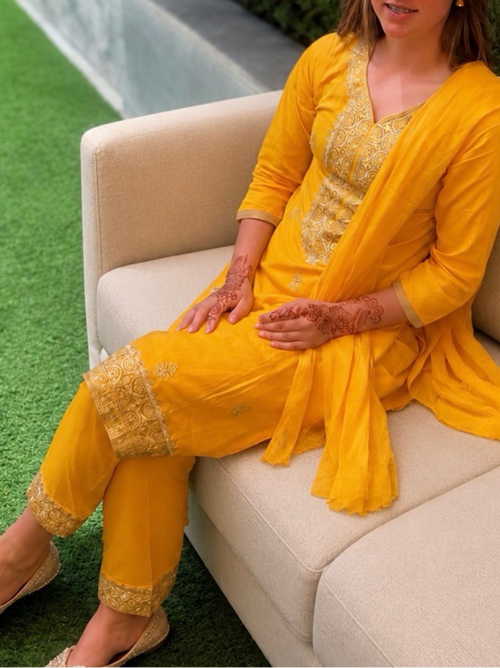 Bright Yellow Women's Embroidered Kimono-Style Set
